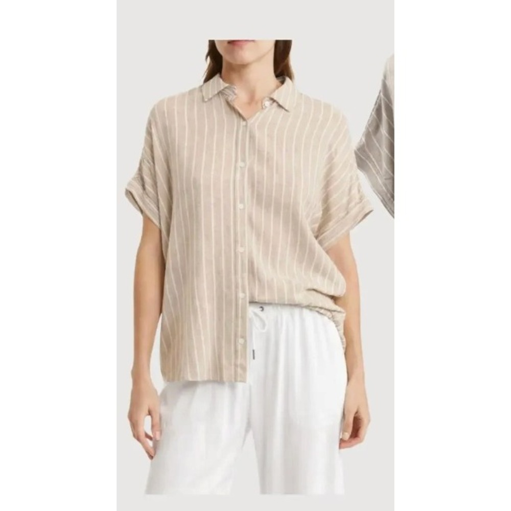 Anthropologie Splendid sz XL linen short sleeve shirt beige/white stripes new O